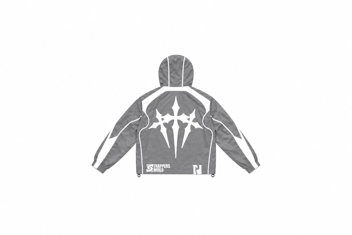 Gray and white windbreaker jacket